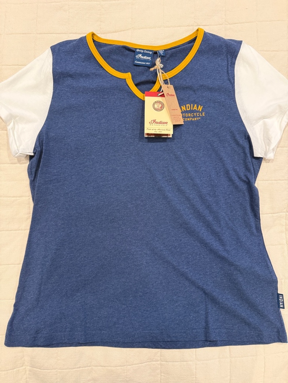 Indian Motorcycle Women's Blue Short Sleeve Tee with Yellow Trim